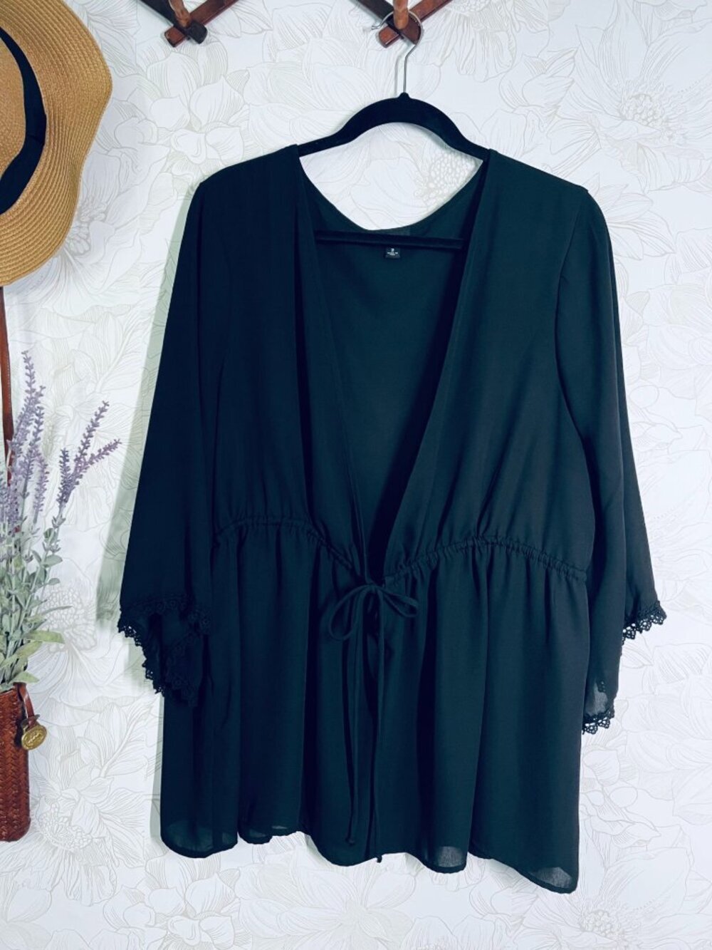 Torrid 2 Black Sheer Kimono Cardigan With Tie Waist & Crochet Bell Sleeves xxl